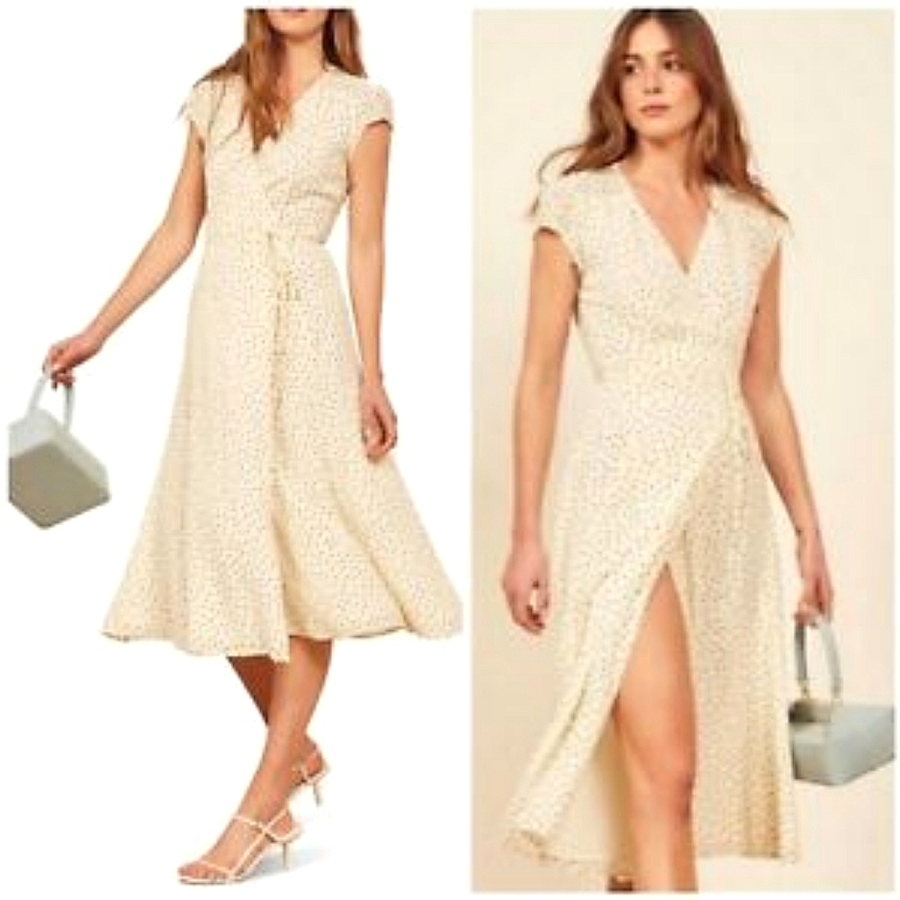 Reformation Wrap Dress white and black flattering